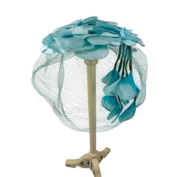 VTG Union Made USA Blue Flower Hat Fascinator Hair Piece Hanging Petals Unique main image 14